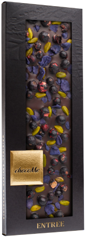 chocoMe Горький шоколад с фисташками Бронте, лепестками фиалки, ягодами черной смородины