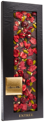 chocoMe Горький шоколад со съедобным золотом, кусочками вишни, фисташками Бронте, лепестками розы