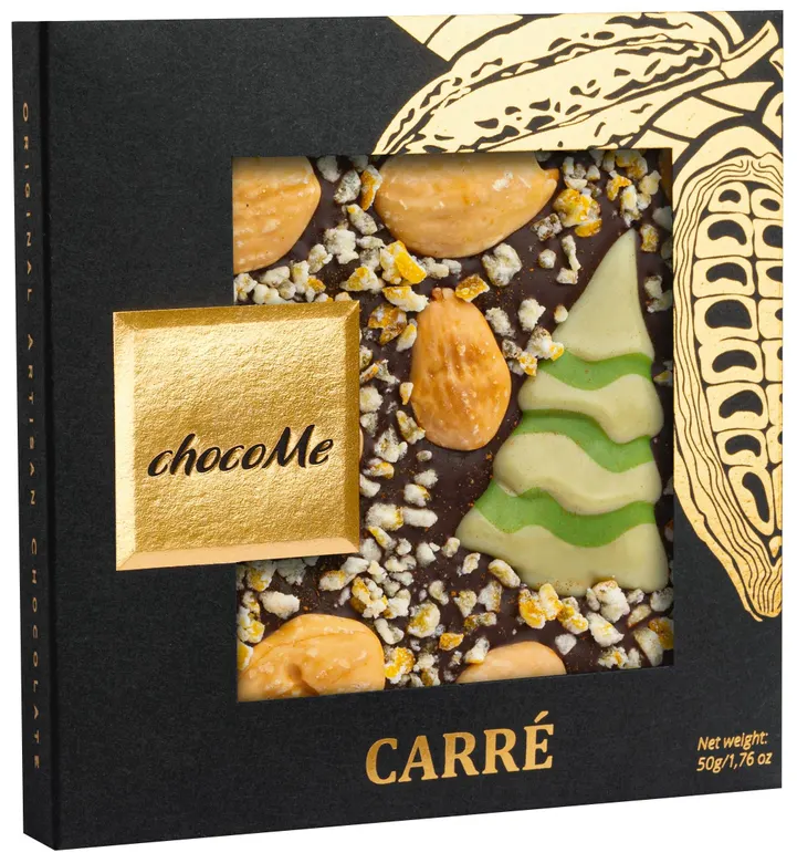 chocoMe Горький шоколад, миндаль из Сицилии, апельсиновая цедра, eлка из шоколадa